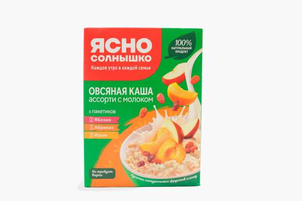Каша овсяная с молоком, с абрикосом, яблоком, изюмом «Ясно Солнышко», 270 г