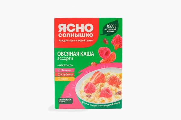Каша овсяная с молоком, с клубникой, малиной, изюмом «Ясно Солнышко», 270 г