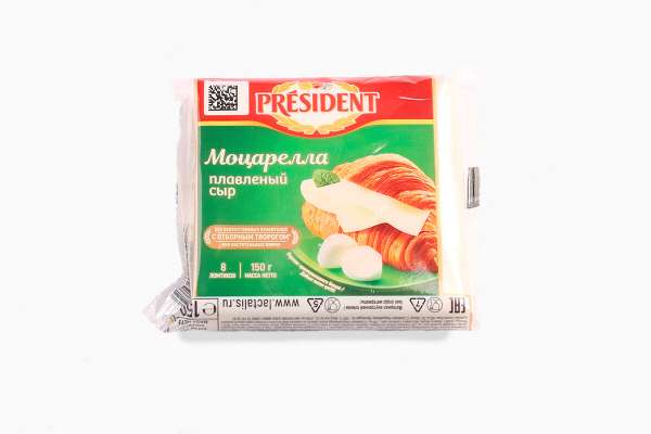 Сыр плавленый моцарелла ломтевой President, 150 г